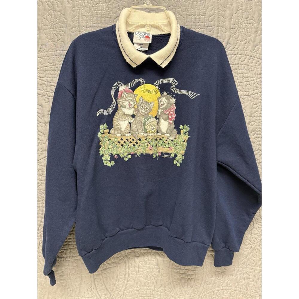 VTG Morning Sun Sweatshirt Navy Caroling Christmas‎ Cats Grannycore Size Large